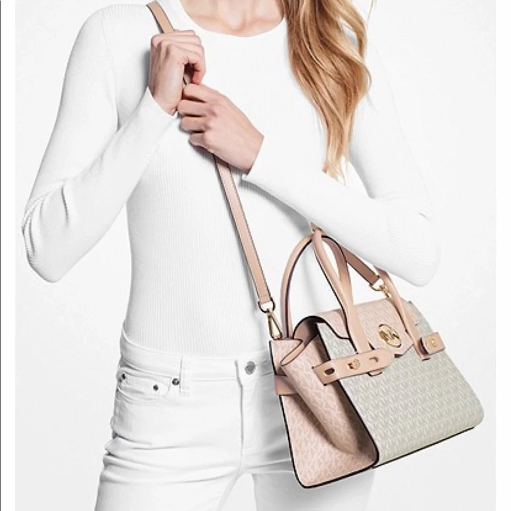 MICHAEL KORS Carmen Medium Color-Block Logo Satchel color Buff Multi